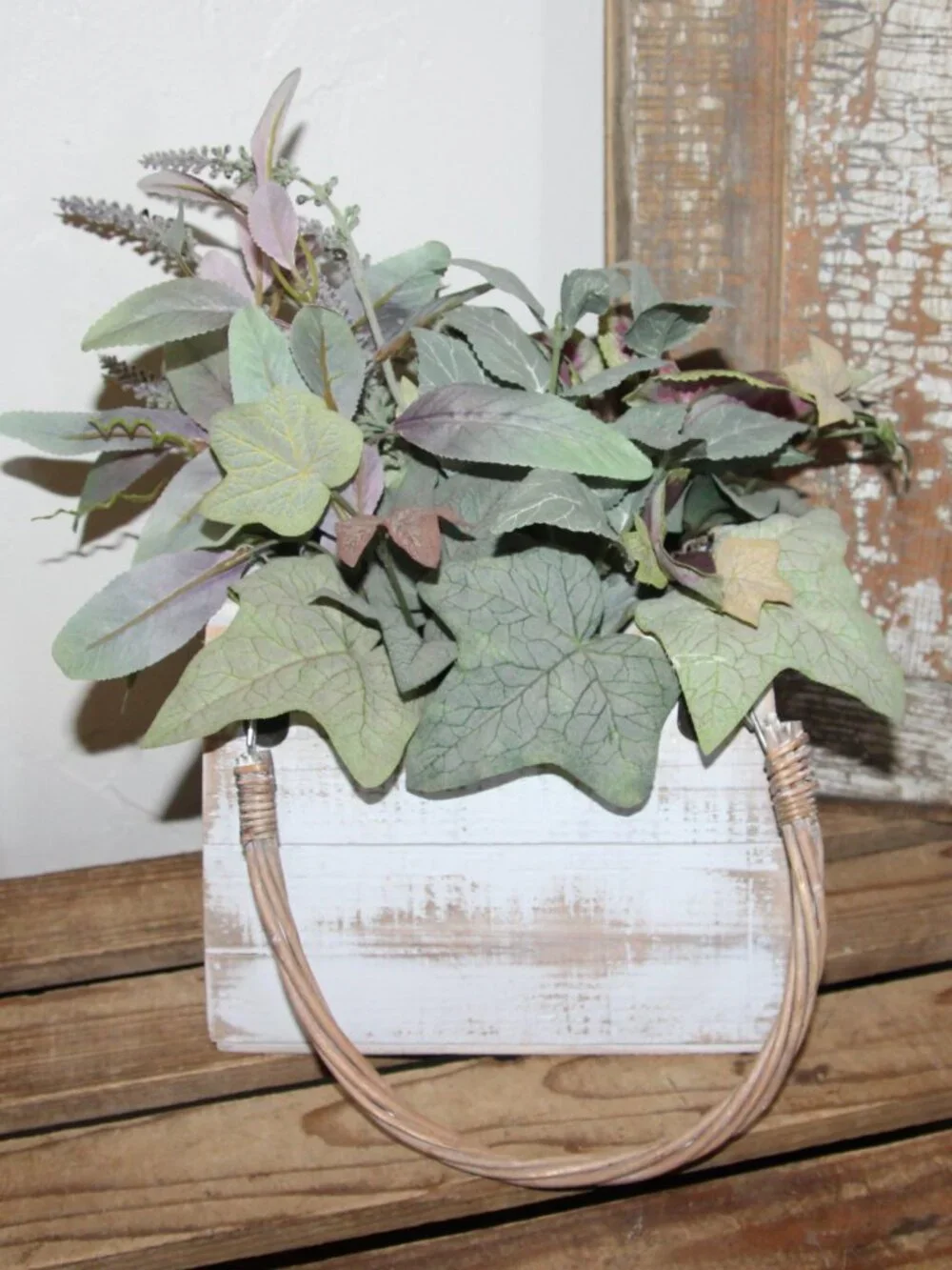 White Shabby Distressed Wood Basket Box with French Arrangement